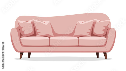 Modern pink sofa featuring a soft curved backrest and multiple matching throw pillows for comfortable living room interior concepts.