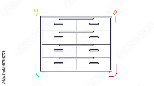 Minimalist eight-drawer dresser cabinet with simple lines and colorful corner accents for modern bedroom furniture illustrations.