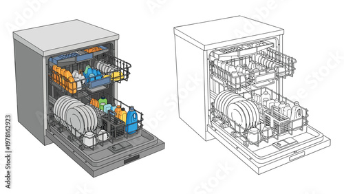 Detailed illustration showing a dishwasher filled with clean dishes compared to a simple black and white line drawing.