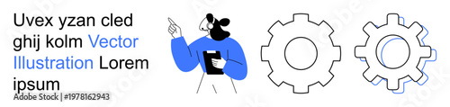 Workflow processes, business strategy, idea generation, management, productivity, innovation. A person with a clipboard gestures towards two gear icons. Workflow and business strategy concepts
