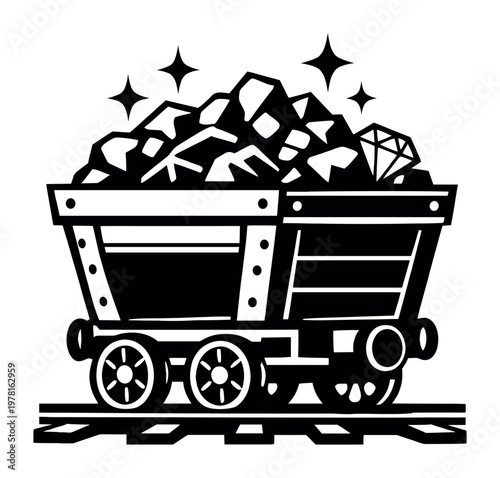 Minecart carrying valuable minerals like coal and a shining diamond, symbolizing mining, natural resources, and treasure