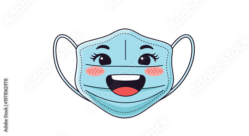 Cute winking surgical face mask character with rosy cheeks and a happy smile isolated on a plain white background.