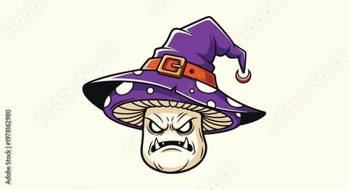 Grumpy mushroom character with an angry face wearing a purple witch hat isolated on a light cream paper background.