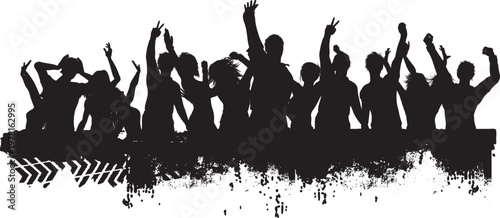 Vector illustration of a crowd of people and silhouettes dancing at a fun music concert disco party featuring a diverse group of friends and a large audience celebration