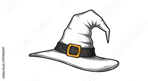 Witch hat with a black band and gold buckle is illustrated in a vintage engraved style isolated on a plain white background for halloween.