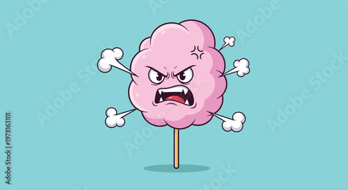 Furious pink cotton candy character on a wooden stick, with steam coming out of its ears and an angry facial expression.