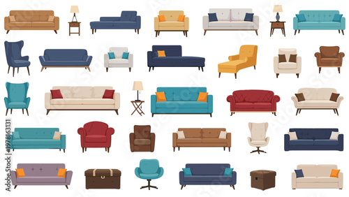 Extensive set of various modern and classic sofa designs and armchairs in a wide range of different styles and colors.