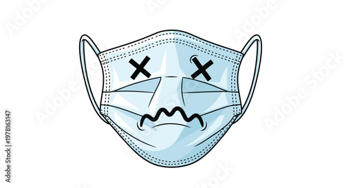 Medical face mask with a sick or dizzy expression, featuring X eyes and a wavy mouth to represent illness or discomfort.