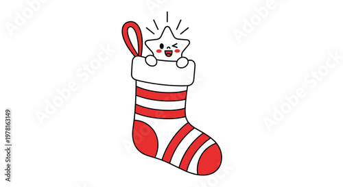 Christmas stocking with red and white stripes, featuring a small smiling star peeking out from the top as a holiday gift.