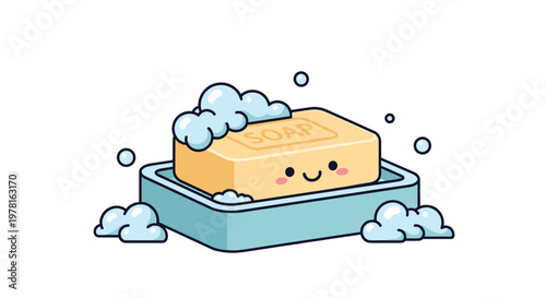Smiling bar of soap sitting in a blue soap dish with fluffy white bubbles, promoting cleanliness and personal hygiene for kids.