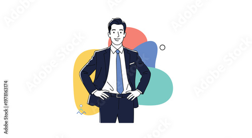 Young successful businessman in dark navy suit and blue tie standing confidently with hands on hips over abstract shapes.