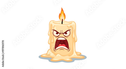 Angry anthropomorphic candle mascot with burning flame and melting wax on bottom base isolated over a white backdrop.