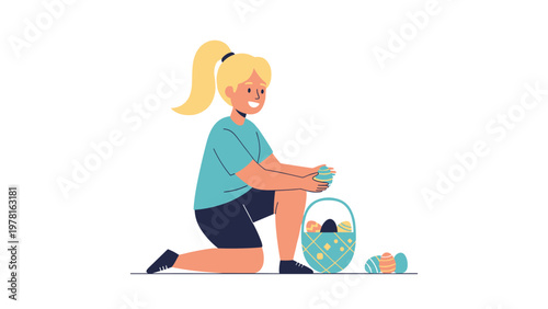 Happy young girl with blonde hair kneeling on the floor and carefully placing colorful painted easter eggs into a basket.
