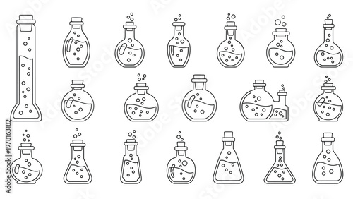 Large set of various magic potion bottles and laboratory glassware shown as simple black and white line art illustrations.