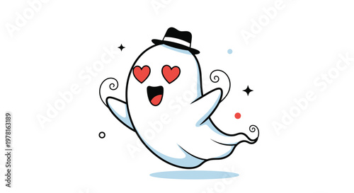 Romantic white ghost wearing a black hat and having heart-shaped eyes, floating happily for a cute love or Halloween design.