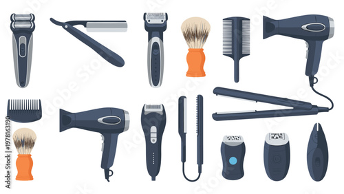 Comprehensive collection of professional barber shop icons and hair styling tools including dryers razors and brushes.