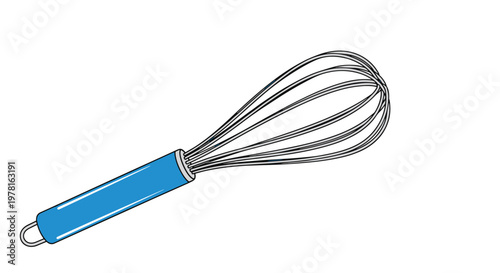 Professional stainless steel kitchen whisk with blue ergonomic handle used for baking and cooking isolated on white background.