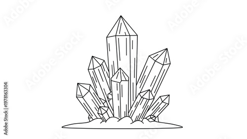 Detailed black and white line art illustration of a natural cluster of sharp quartz crystals growing from a rocky base.