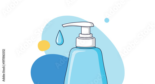Blue plastic soap or hand sanitizer dispenser bottle with a pump head and a falling water drop over abstract shapes.