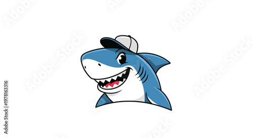 Friendly blue shark character wearing a white and black baseball cap smiling over a curved white border bottom base.