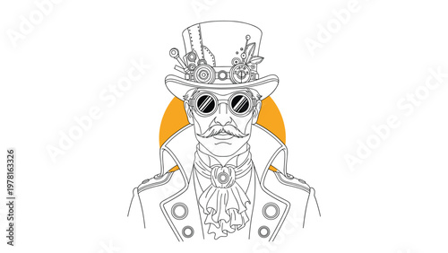 Portrait of a mysterious steampunk gentleman wearing a top hat with gears and round sunglasses on a yellow background.