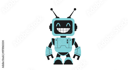 Friendly blue robot character with a wide toothy smile and top antennas isolated over a plain white background.