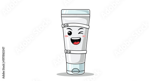 Happy winking tube character with a metal frame and a friendly smiling face isolated on a plain white background.