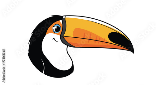 Close-up profile of a friendly toucan bird with a large orange beak and black feathers isolated on white background.