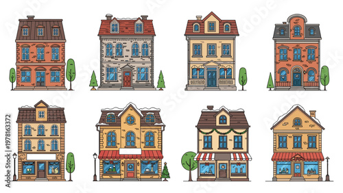 Collection of eight charming european style townhouses with different architectural details and cozy window designs.