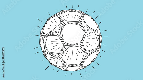 Detailed geometric crystal sphere with many facets and light rays shown on a bright blue background in vector style.