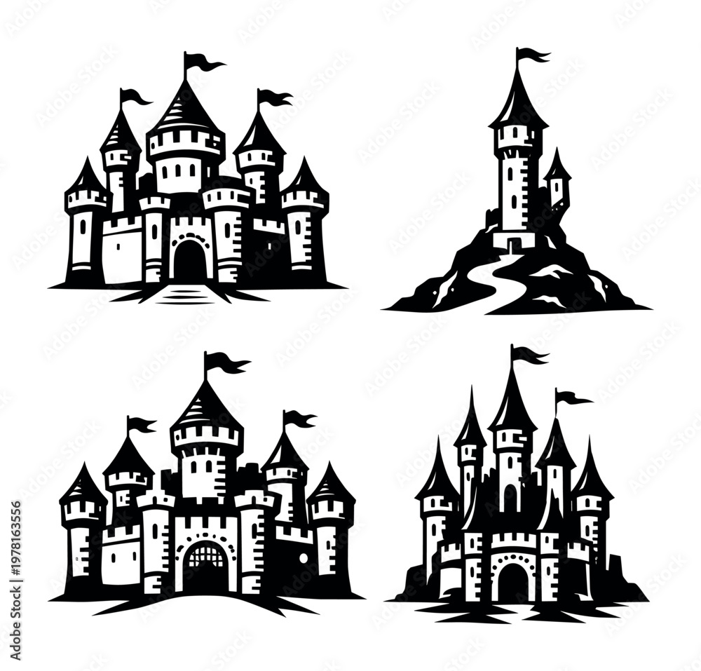 Fototapeta premium Silhouettes of castles showcasing a variety of fortress shapes, evoking a sense of fantasy, ancient history, and power