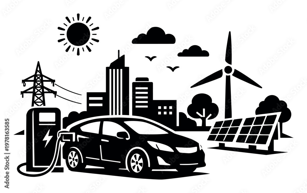 Fototapeta premium Electric vehicle charging at a station, integrated with solar panels and a wind turbine for green energy in an urban setting