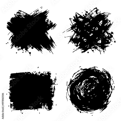 Abstract Black Ink Brush Stroke Vector Set: Heavy Texture and Splatter Effects