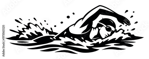 Swimmer pushing through water with a powerful freestyle stroke, generating waves and splash. Representing sport, training, and competition