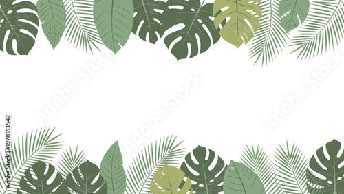 Lush green tropical leaf border featuring monstera leaves and palm fronds arranged along the top and bottom edges.