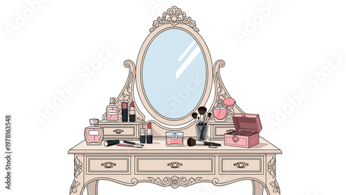 Elegant vintage vanity dressing table with a large oval mirror surrounded by various cosmetics perfumes and makeup.