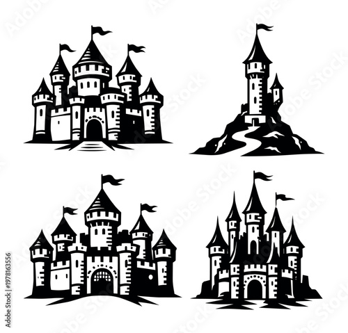 Silhouettes of castles showcasing a variety of fortress shapes, evoking a sense of fantasy, ancient history, and power
