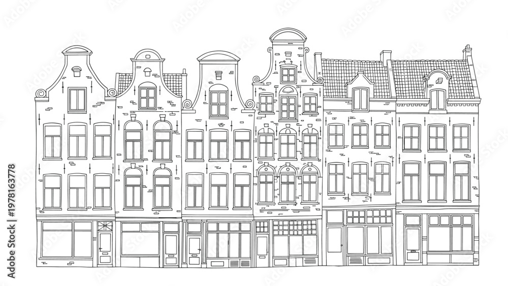 Obraz premium Detailed hand drawn line art illustration of a row of traditional historic canal houses found in the city of amsterdam.