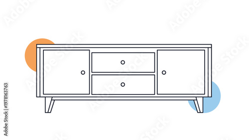 Modern mid-century style wooden sideboard or media console with two drawers and two doors shown in a clean line art.
