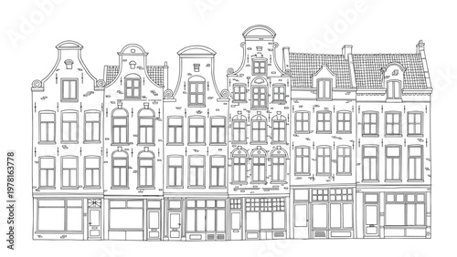 Detailed hand drawn line art illustration of a row of traditional historic canal houses found in the city of amsterdam.