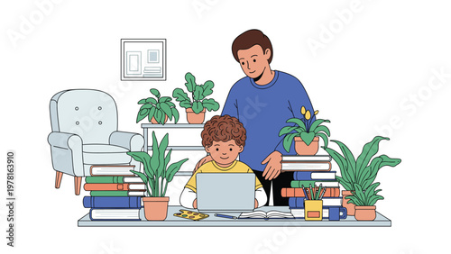 Father supporting his young son who is sitting at a desk using a laptop surrounded by many green indoor plants and stacks of books.