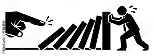 Hand starting a domino effect with an initial push, while a stressed businessman prevents the full chain reaction