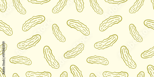 Hand drawn Pickled Cucumber Background. Doodle Line Pickled Cucumber Seamless Pattern. Pickle Repeated Pattern.