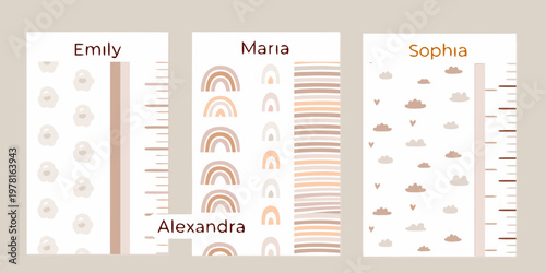 Three illustrated height charts with names and decorative patterns