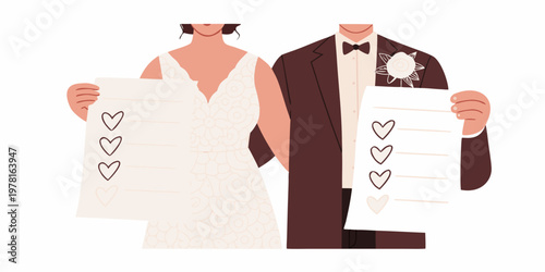 Couple holding wedding checklists planning their special day together