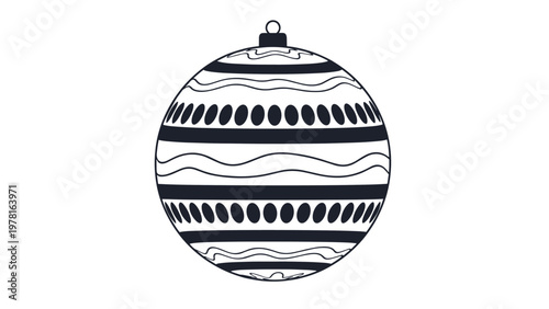 Black and white line art illustration of a round Christmas bauble decorated with horizontal stripes and wavy patterns for holiday decor.