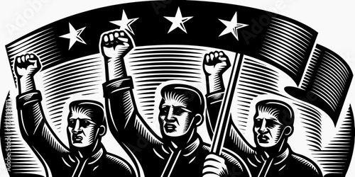 A group of people raising fists in solidarity under a starry banner