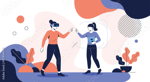 Two outdoor enthusiasts with gear are checking their location on a map while trekking through a beautiful forest and mountains.