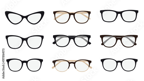 Grid of nine various eyeglass frame styles ranging from cat-eye to round and rectangular designs for fashion and optometry choices.