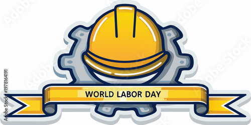 A yellow hard hat graphic with a ribbon celebrating world labor day
